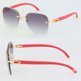 Metal Rimless Designer Red Wood Sunglasses Diamond cut Lens Fashion with C Decoration Wooden UV400 Adumbral 18K Gold Male and Female Sun glasses Frame Size:61-18-140MM