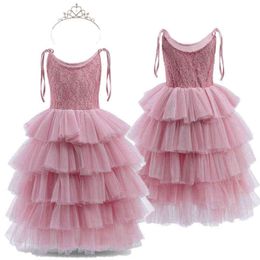 Girls Spring Princess Dress Kids Party Tutu Vestidos With Crow Children 3 4 5 6 7 8 Year Birthday Wedding Elegant Party Clothing G220423