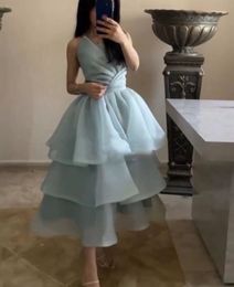 Strapless Sky Blue Tulle Prom Dresses Anhle Length Evening Tiered Skirt Arabic Women Party Formal Robes De Soiree