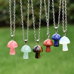 Carving Mushroom Shape Stone Pendant Reiki Healing Crystal Tiger Eye Rose Quartz opal Aventurines Necklace For Women Jewellery Stainless steel chain