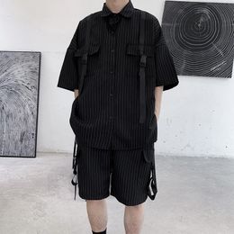 Men's Tracksuits Strap Design Vertical Striped Tooling Suit Men Summer Black Short-sleeved Shirt Loose Overalls Shorts Two-piece Couple Sets