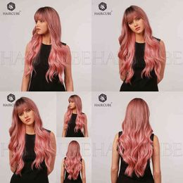 Human Hair Wig Synthetic Wigs Wind Wig Top Dyed Black Gradient Pink Long Curly Hair Lovely Charming Role Play 220528