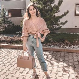 Women Sweater Gray Beige Pink Solid Kinitted Cardigan Sashes V-Neck Sweater Casual Loose Style Female Clothes 201224