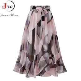 Vintage floral print chiffon skirts women Sprint Summer korean A line Pink streetwear high waist ladies midi skirt 220317