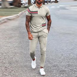 Men's Tracksuits Streetwear Two Piece Set Men Fashion Patchwork Striped Print Outfits Summer Short Sleeve Zip-up Lapel Shirt And Pants Suits