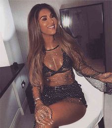 Women Rhinestone Long Sleeve Mesh Sheer Bodycon Dress Sexy See Through Night Club Glitter Short Party Dresses Vestidos Feminino T220818