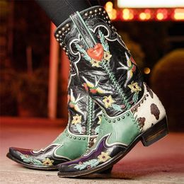 BONJOMARISA Western Cowboy Women Cowgirl Mid Calf Boots Heart Retro Embroidered Slip On Chunky Casual Spring Shoes Woman 220810