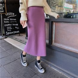 High Elastic Waist Women Long Skirt Knitted Pencil Skirt Wool Autumn Split Skirts Female Black Winter Solid Knitting Onestep 220701