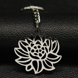 Keychains Fashion Lotus Stainless Steel For Women Silver Colour Flower Of Life Keyring Jewellery Porte Clef K774S06