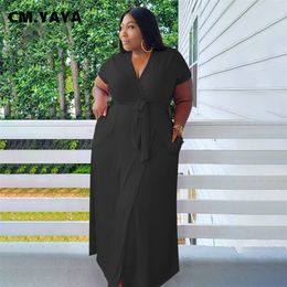 CM.YAYA Women Plus Size Dress Solid Short Sleeve V-neck Bandage Sashes Stretchy Splited Maxi Long Dresses Fashion Outfit Summer 220516