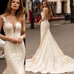 Champagne Mermaid Wedding Dress 2022 Sheer Neck Fashion Lace Bride Dress Illusion Vestido De Novia