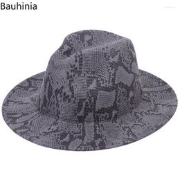 Unisex Flat Brim Wool Felt Jazz Fedora Hats Snake Skin Top Cap Trilby Panama Formal 56-58cm Wide Delm22
