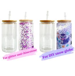 reusable drinking bottles NZ - Sublimation Blanks Glass Tumblers 16oz Double Wall Snow Globe Beer Tea Mugs Frosted Drinking Bottle With Bamboo Lid And Reusable Straw 6083 Q2