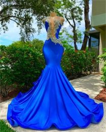 Black Girls 2022 Appique Mermaid Prom Dreess Sparkly Beading Squined Squined Royal Blue Evening 드레스 형복 파티 가운