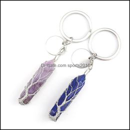 Arts And Crafts Handmade Tree Of Life Key Rings Hexagonal Prism Pillar Natural Stone Healing Crystal Quartz Keychain Keys C Sports2010 Dh6Tu