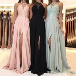 custom new black appliques beading prom party gowns sexy split see through halter elegant pageant formal beaads prom dresses plus size