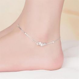 Anklets Fashion Double Chain 925 Sterling Silver For Women Cute Star Beads Ankle Bracelets Foot Jewelry Girl Party GiftsAnklets