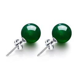 Other 8mm Round Natural Green Agate Stud Earrings For Women S925 Sterling Silver Vintage Fine Jewellery Wedding Brincos Red