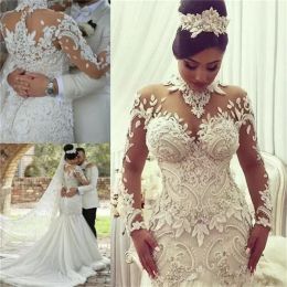 Dresses Mermaid Ruched Pleats High Neck Long Sleeves Lace Applique Beaded Crystals Satin Custom Made Wedding Gowns Plus Size Vestido De Novia