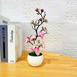 Decorative Flowers & Wreaths With Pot Silk Home Decoration Desktop Bonsai Ornament Artificial Flower Plum Blossoms Potted FlowerDecorative