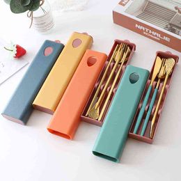 3-4PCs Glossy Stainless Steel Tableware Spoon Fork Knife Straw Reusable PE Travel Cutlery Set Camp Utensils Set Portable Case Y220530