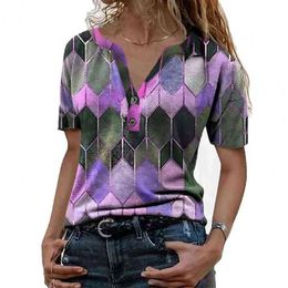 New Stylish Women T-shirt V Neck Geometric Hexagon Cotton Blend Short Sleeve Buttons Blouse Top for Work Clothing L220705