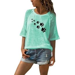 Fashion T-Shirt For Women Lace Crew Neck T-Shirt DOG PAW Letters Print T-Shirt Women Tops Summer Graphic Tees Streetwear 210317