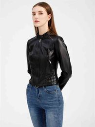 2022 New Women Spring Autumn Short Rivet Stand Collar Long Sleeve Zipper Thin Pu Leather Jacket For Female L220728
