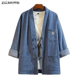 Men Soft Blue Denim Kimono Jacket Frog Closures Embroidery Pattern Three Quarter Sleeves Japan Style Stand Collar Jean Jacket Y220803