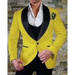 Yellow Embossing Groom Tuxedos Black Shawl Lapel Groomsman 3 Piece Men Prom Business Suit Jacket Blazer Jacket Pants Tie Vest 2666