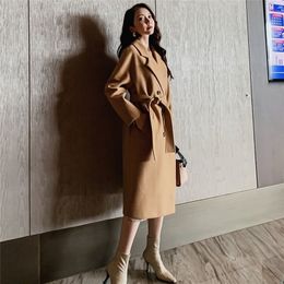 Autumn Winter Women's Jacket Casual Wool Blend Trench Coat Double Breasted Long With Belt 201222