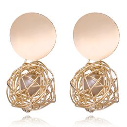Women's Metal Winding Hollow Gold Ball Pearl Dangle Chandelier Earrings Concave Disc Earring Lady Trendy Earings Pendants Jewellery