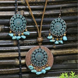 Ethnic Round Bronze Turquoises Necklace Earring Set Wood Beads Hippy Jewelry Bohemian Flower Necklaces