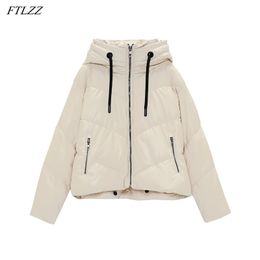 FTLZZ Autumn Winter Women Hooded Zipper Black Faux Leather Cotton Coat Casual Female Thick Warm Short Jacket Windproof Outwear 201027