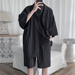 Summer Men Set Shirts and Shorts Lightweight Fabric Letter Striped Half Sleeve Elastic Knee-Length Baggy Oversize Clothing 201128