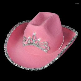 Berets Luminous Tiara Cowgirl Hat Western Style Cowboy Pink Women's Fashion Party Cap Warped Wide Brim With Sequin Decoration 2022Berets