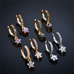 Colourful Star Earrings Hoops Huggies for Women Fashion Style Copper Lady Gold Silver Hanging Party Girls Purple Black White Cubic Zirconia