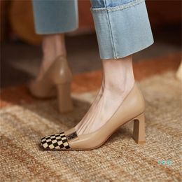 Dress Shoes Fashion Trendy Brand Checkered Women Natural Leather High Heels Pumps Nude Office Work Ladies