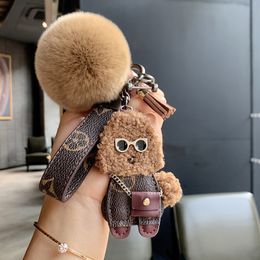 Fashion Brand Dog Key Chains Ball Keychains Buckle Soft Rabbit Fur Lovely Plush Leather Car Keyring Holder Women Keys Ring Animal Teddy Pendant Bag Charm Gift Jewellery