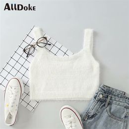 ALLDOKE white casual knitted crop camis women summer strap sleeveless knitted cropped feminina ladies sexy tops camisole mujer 210401