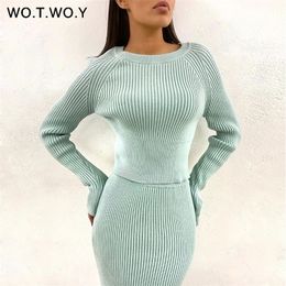 WOTWOY Knitted Sweater and Skirt Two Piece Set Women Autumn Slim Fit Crop Tops Women Sweater Skirts 2 Piece Sets Womens Outfits LJ201125