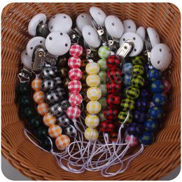 Plaid Beads Baby Pacifier Clips Wood Pacifier Chain Safe Teething Toy Bebe Teether Eco-friendly Dummy Holder