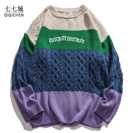 Hip hop erkek kazakları retro patchwork mektup büyük boy sokak kıyafeti harajuku sonbahar yeni örgü kazak erkekler harajuku sweaters t220730