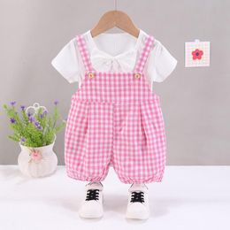 Clothing Sets Toddler Outfits Girls Summer 2022 Solid Colour White Short Sleeved T-shirts Tops Plaid Overalls Kids Bebes TracksuitsClothing