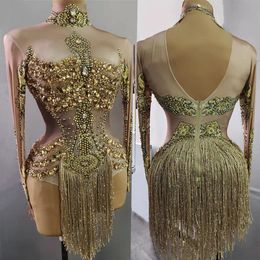 Gold Tassel Rhinestones Bodysuit Scena Bodysuit Scena noszenie klub nocny bar dj gogo kostium żeńska drużyna łacińska biegun taniec seksowne występy fręgi rajstopy rajstopy