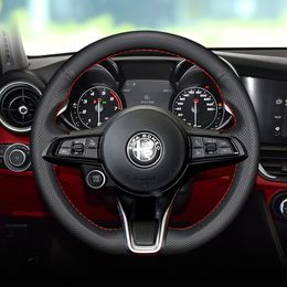 Customised For Alfa Romeo Stelvio Giulia 2020-22 Black Leather Car Steering Wheel DIY Hand-stitch On Wrap Cover Car Accessories