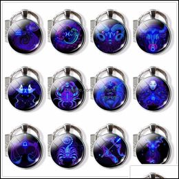 Keychains Fashion Accessories 12 Constellation Leo Virgo Key Chains Glass Cabochon Pendant Zodiac Sign Rings Bag Birthday Gift Drop Delivery