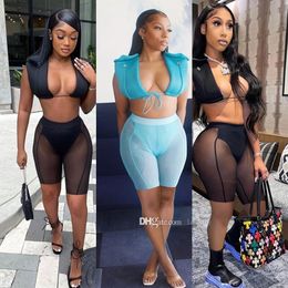 2022 Summer New Women Sexy Two Piece Outfits Cardigan Sleeveless Loose Top Mesh Perspective Hip Bag Shorts Set