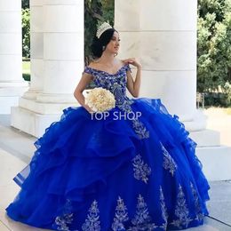 Yeni Kraliyet Mavi Tatlı 16 Ball Roow Quinceanera Elbiseler Boncuklu Omuz Vestido De 15 Anos Quinceanera 2022