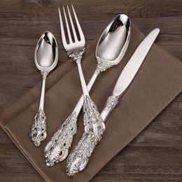 Dinnerware Sets 4-24pcs Luxury Wedding Silverware Set Silver Plated Dinner Knife Fork Spoon Teaspoon Retro Cutlery Kitchen TablewareDinnerwa